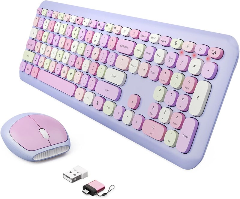 SkyGive Wireless Keyboard and Mouse Combo, Colorful Ergonomic Full Size Retro Low-Noise Keyboard with Cute keycaps, Compatible with Windows, PC, Perfer for Home and Office Keyboards (Purple) - Image 1
